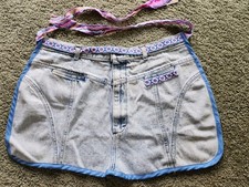 Upcycled Half APRON w/ Pockets Light Blue Denim Jeans Pink Lavender Striped Ties