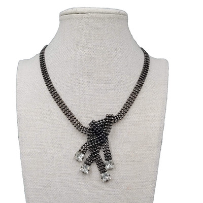 FALLON Designer Statement Necklace Black Bead Chain Square Rhinestone 15''
