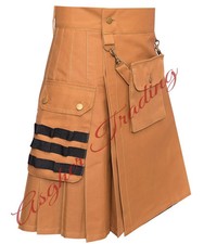 Handmade Camel Canvas Utility Kilt: Modern Scottish Kilt with Removable Pocket