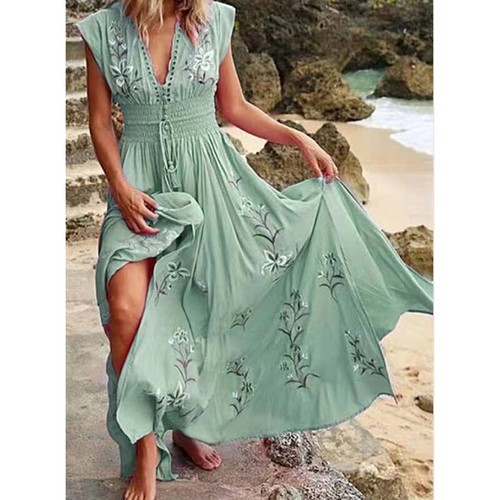 Abito Scollo V Maxi T-Shirt Vestito Prendisole Donna Boho Floreale Senza Maniche Spiaggia - Foto 6 di 15