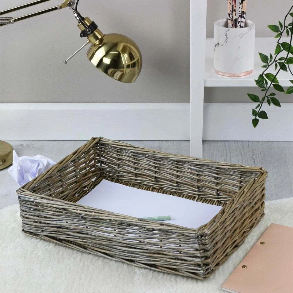 Wicker Hamper Tray Empty Grey Brown Storage Basket Shallow Woven Gift Handmade - Image 3 of 4