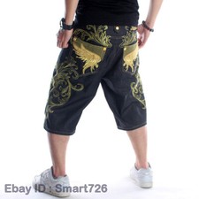 Mens Jeans Shorts Denim Pants Embroidery Relaxed Hip-Hop Baggy Loose Black