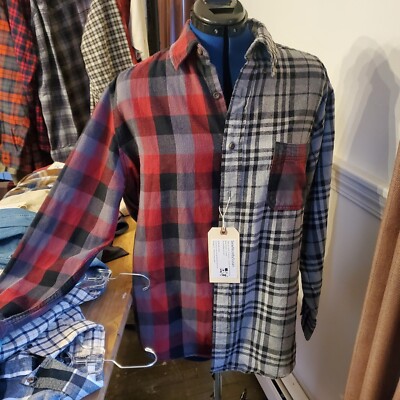 Flannel Split Half Shirt Upcycled Eco-friendly Unisex Medium Red Black Plaid 