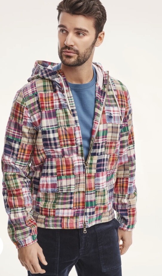 Brooks Brothers Mens Large Windbreaker Hoodie with Madras Patchwork Full Zip Design