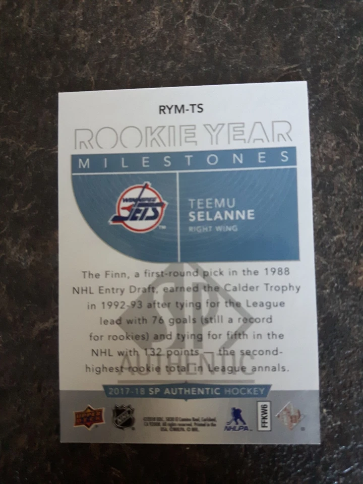2017-18 Sp Authentic Rookie Year Milestones Teemu Selanne Card# RYM-TS - Image 2 of 2