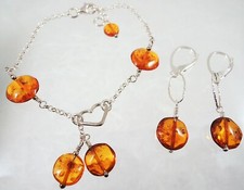 Bernstein Set Armband 18,5 cm Ohrringe Silber 925 Farbe Cognac Damen Amber BS011