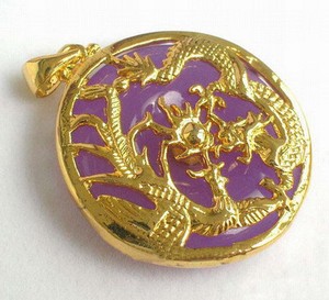 Authentic Purple Jade Yellow Gold Plated Dragon Phoenix Sun Pendant Chain Necklace
