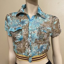 Women  s Blue Leopard Polyester Casual Short Button Up Beaded Size M Top Blouse