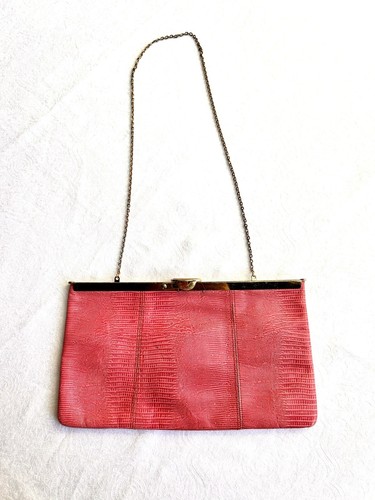 Vintage Mid Century Leather Pink Shoulder Clutch Snakeskin Pattern - Picture 2 of 12