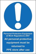 All personal protective equipment must be returned to PPE store after use Safety