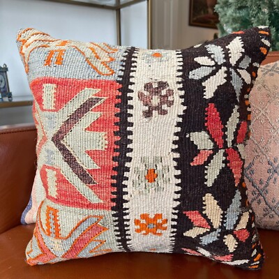 Handmade Vintage Antique Turkish Kilim Rug Pillow 16x16 (INV1203) 16 inch 