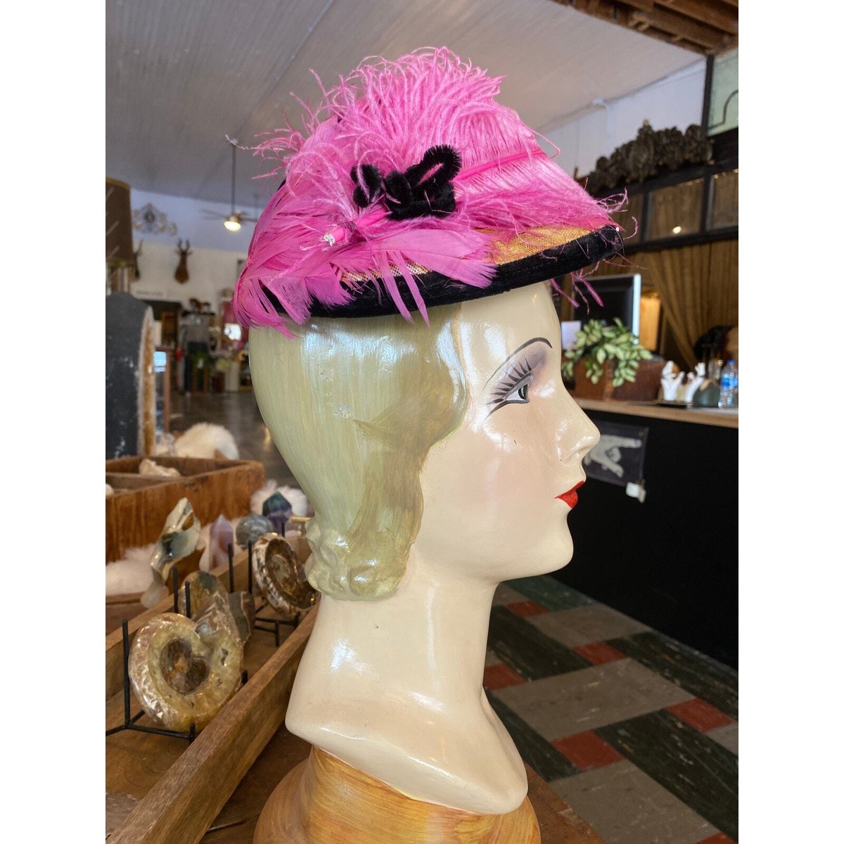 1940s statement hat, ostrich feathers, vintage 40s tilt hat  display picture 2