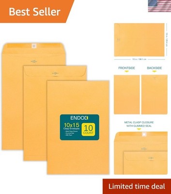 10 Pack 10x15 Heavyweight Kraft Clasp Envelopes with Gummed Seal - Durable & ...