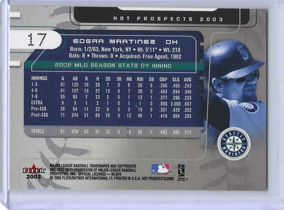 EDGAR MARTINEZ  "HOF"   2003  FLEER HOT PROSPECTS   #17  MARINERS / FREE SHIP - Image 2 of 2