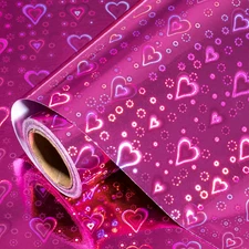 Pink Holographic Wrapping Paper Roll, Shiny Heart Pattern Metallic Foil for Vale