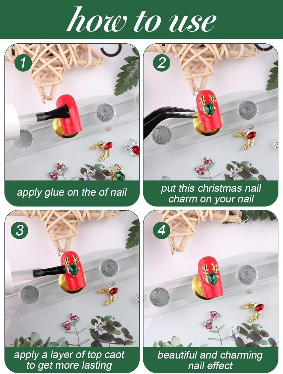 60 Pcs Nail Charms Decorations 3D Colorful Charms for Nails Alloy Christmas Tree