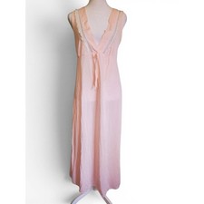 Vintage 70s Pastel Pink V Neck Sleeveless Lace Detail Maxi Night Gown