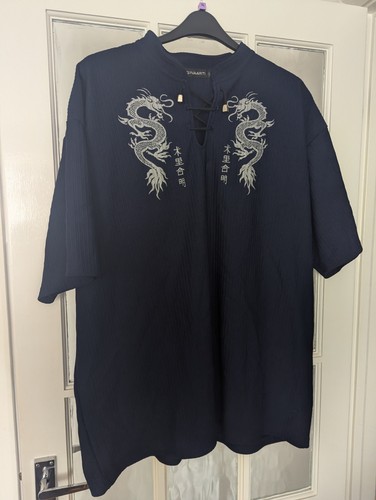 Camisa Hombre XL Mañana Dragón Encaje Palanca Cuello en V Ambos Lados Estampado Azul Marino Por Ginaarti - Imagen 2 de 8