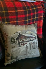 Christmas Hines Of Oxford Tapestry Throw Pillow Skiing Alpine Chalet Creme 16x16
