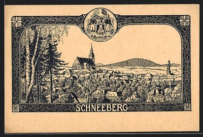 Künstler-AK Schneeberg, Gesamtansicht mit Kirche, Wappen 
