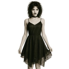 Vintage 90s Lace Handkerchief Hem Dress Size Medium Black Spaghetti Strap Goth
