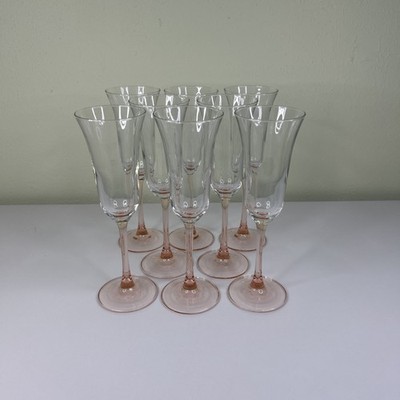 8 VINTAGE LUMINARC FRANCE PINK ROSE STEM CHAMPAGNE FLUTES GLASSES 8 5/8''
