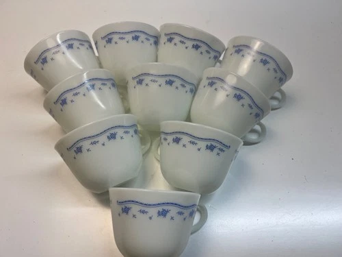 Pyrex Morning Blue Pattern 8 oz Coffee Cups/ Mugs,Set of 10! Vintage Milk Glass