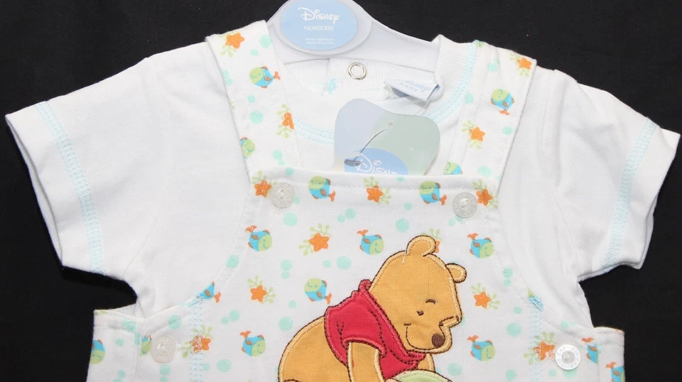 WINNIE THE POOH Baby Boys White T-Shirt & Dungaree Shorts Set Sizes 0-12 Months - Image 3 of 4