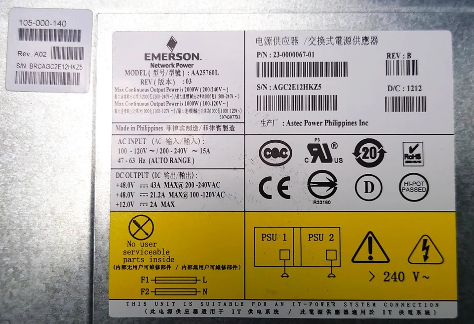 Broacde EMC 105-000-140 2000W PSU Netzteil Emerson 23-0000067-01 Power Supply - Bild 2 von 4