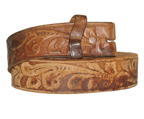 70's Vintage Tan Tooled & Stamped Leather Western Belt NO BUCKLE - M / 32" - 36"