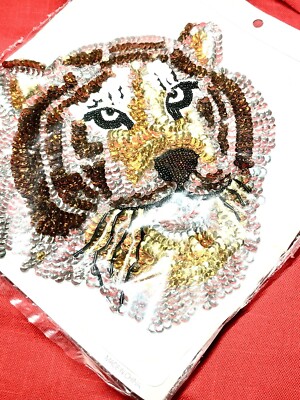 Tiger Head Sequin & Bead Patch Appliqué Sew On Large Striped Big Cat Accent Tony