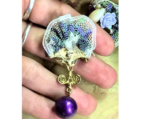 OOAK Victorian Purple Floral Lace Pearl Rhinestone Assemblage Pierced Earrings - Picture 11 of 12