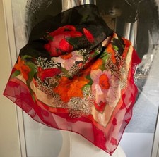 Vintage 1960s black red and orange silky scarf wrap floral print Large Rare Find
