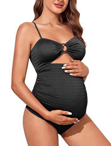 Maternity Summer Mae Swimsuit Bathing Suit One Piece Cutout Black (M)