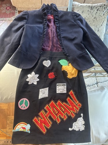 Rare Vtg collectible Moschino couture popart black skirt multicolor applique S/M - Picture 15 of 16