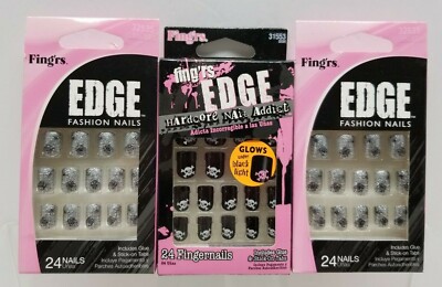 LOT OF 3 Fing'rs Fashion Nails Glue/Stick On Tabs/Short/Black Skulls/Spider&Web