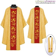 NEW YELLOW Gothic Vestment & Stole Set with Embroidery, Chasuble, Casulla, Casel