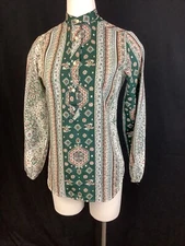 Womens Printed Blouse Size 34 Laura Mae Button High Collar Small Vintage