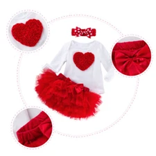 Newborn Baby Girls 3D Heart Print Romper Bodysuit Jumpsuit Dress Headband Outfit