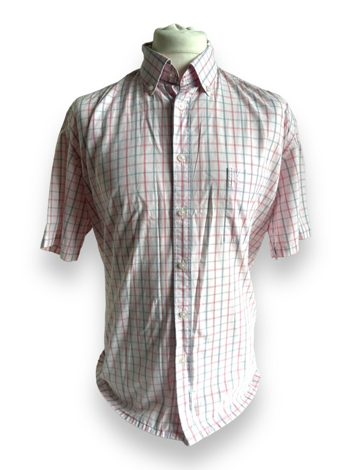 Camicia Yves Saint Laurent maniche corte con bottoni YSL a scacchi rosa da uomo 2XL 100% cotone