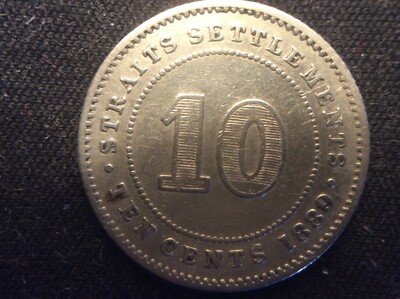 1889 VICTORIA QUEEN 10 Cents,,STRAITS SETTLEMENTS,80% SILVER,95