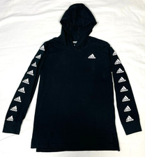 ADIDAS Lightweight Pullover Hoodie Black White Logo Graphics Youth Size M 10-12