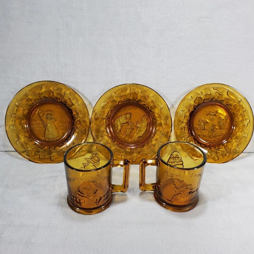 Tiara Indiana Amber Glass Mugs(2) and Plates(3) Children's Nursery Rhymes