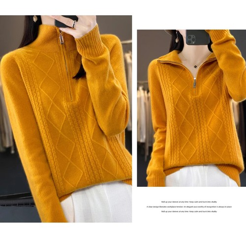 Damen 100% Merinowolle Pullover Reißverschluss offener Ausschnitt Pulli Herbst Winter Strick Tops - Bild 24 von 29