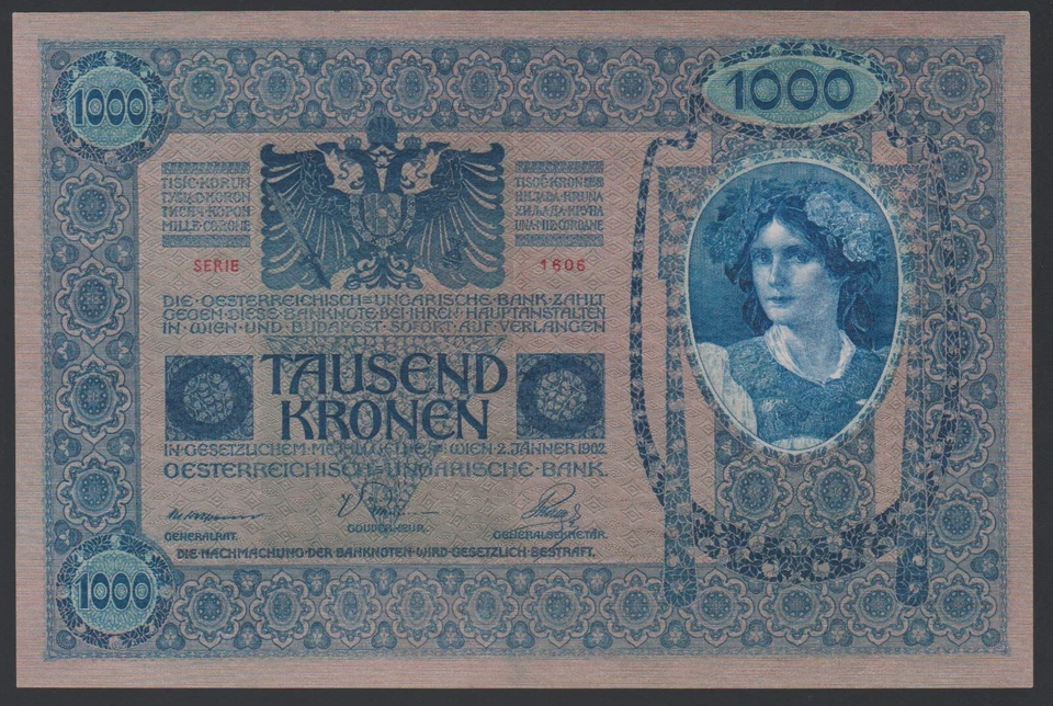 Austria 1000 kronen 1902 1919 DÖ P59 Same Front & Back Block 1606 UNC - Image 2 of 4