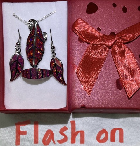 Exquisite Red Fire Opal Leaf Necklace, Dangle Earrings, & Ring Size 8 Set - Picture 7 of 8