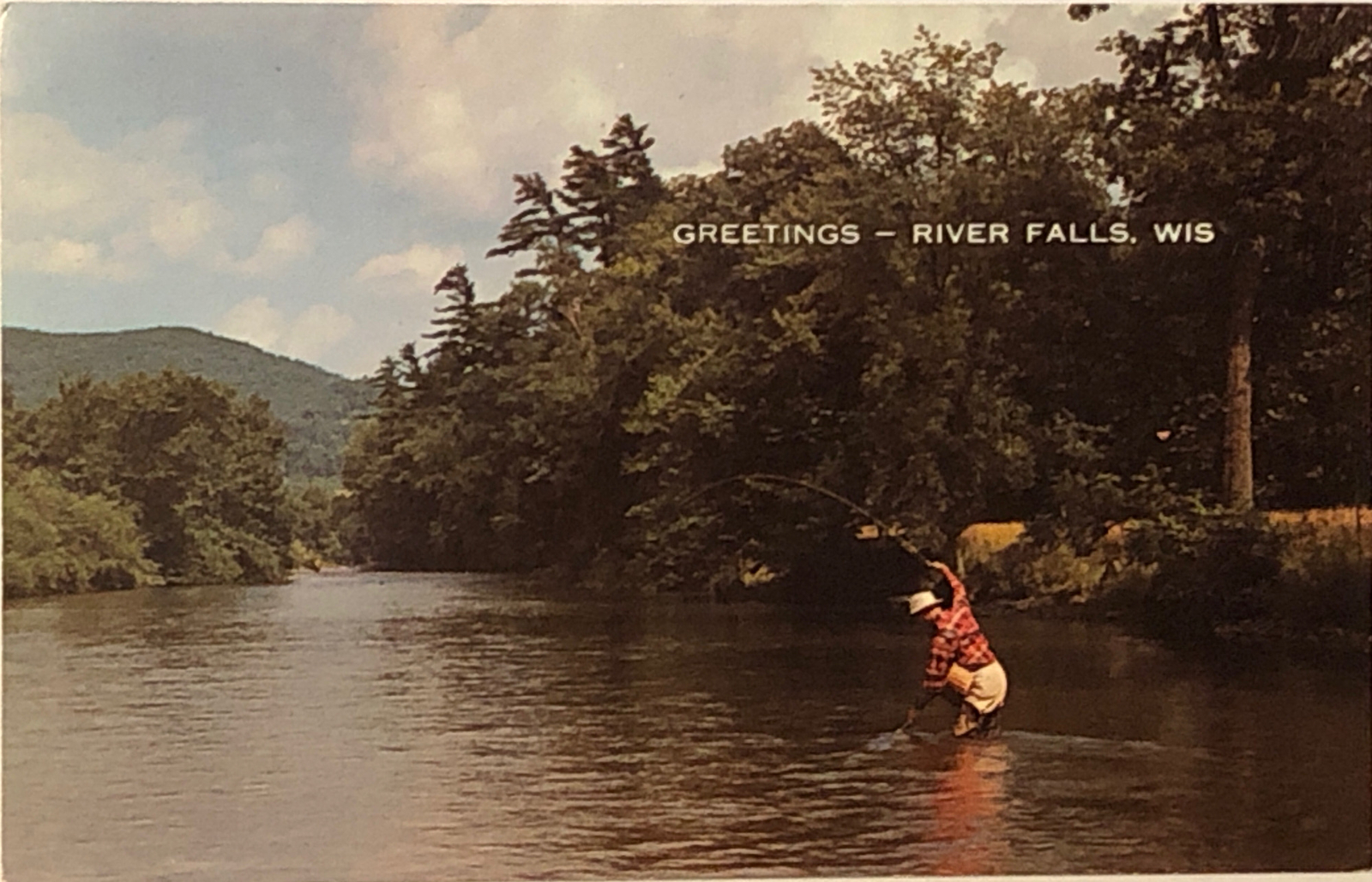 Greetings River Falls Wisconsin Fisherman Postcard Finally Hooked Him VTG WI