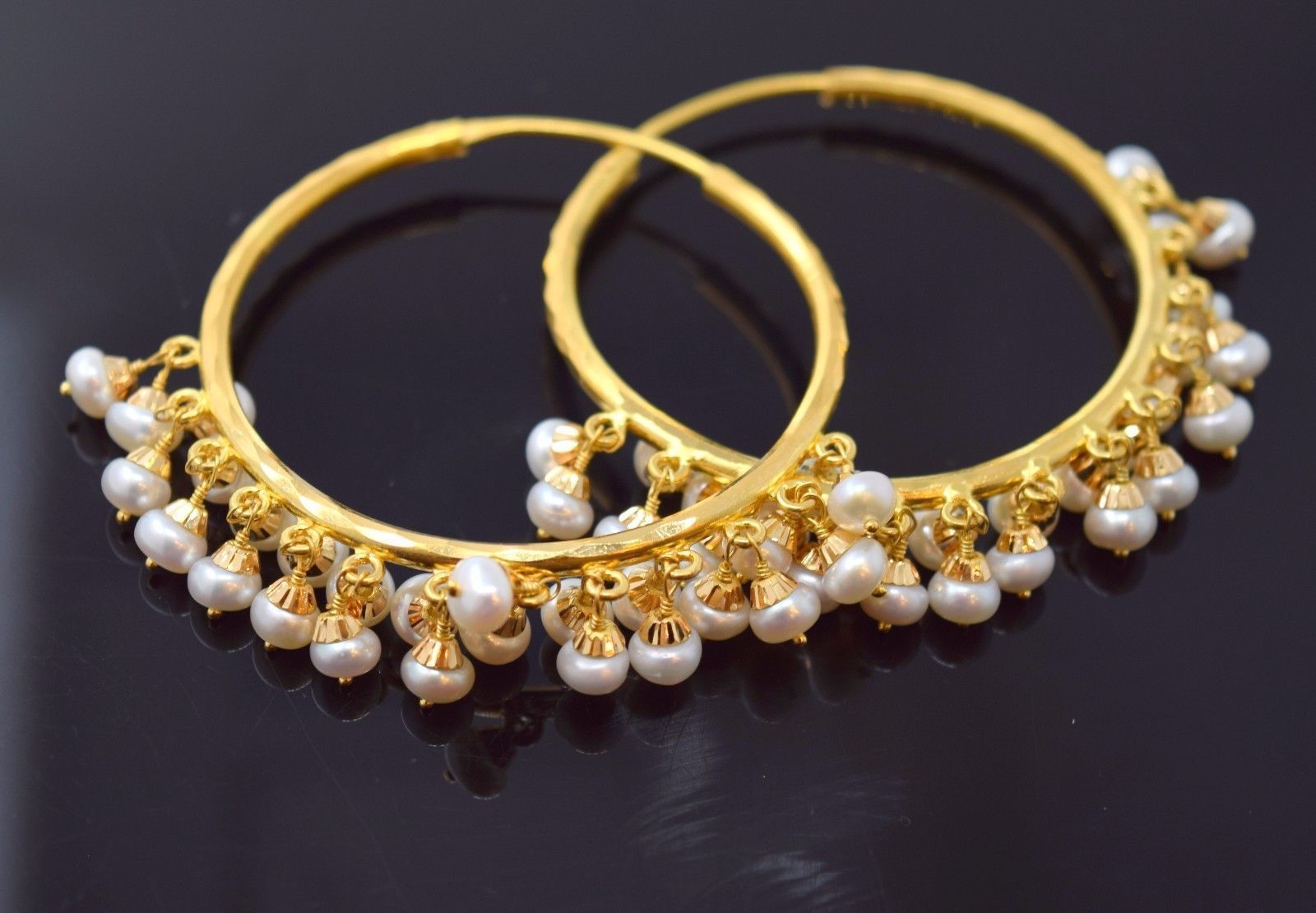 22 K GOLD HOOP BALI WITH DANGLING PEARLS NICE WOMEN JEWELRY HANDMADE