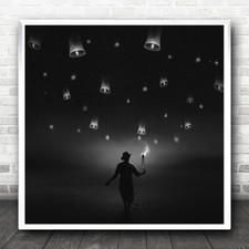 Creative B&W Torch Night Man Silhouette Hat Paper Lamps Square Wall Art Print