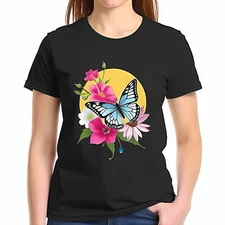 Vibrant Butterfly  Floral Design Cotton Short Sleeve T-Shirt -Nature -All-cotton